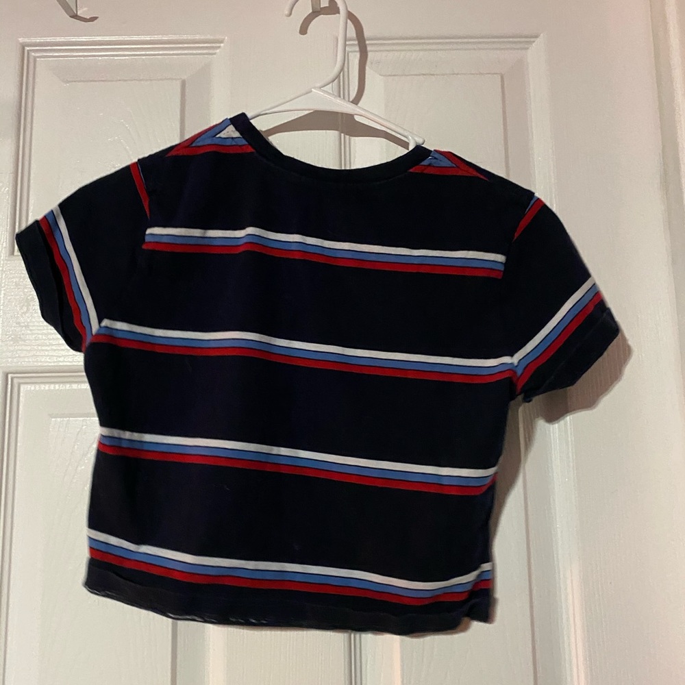 brandy red white and blur stripped cropped shirt